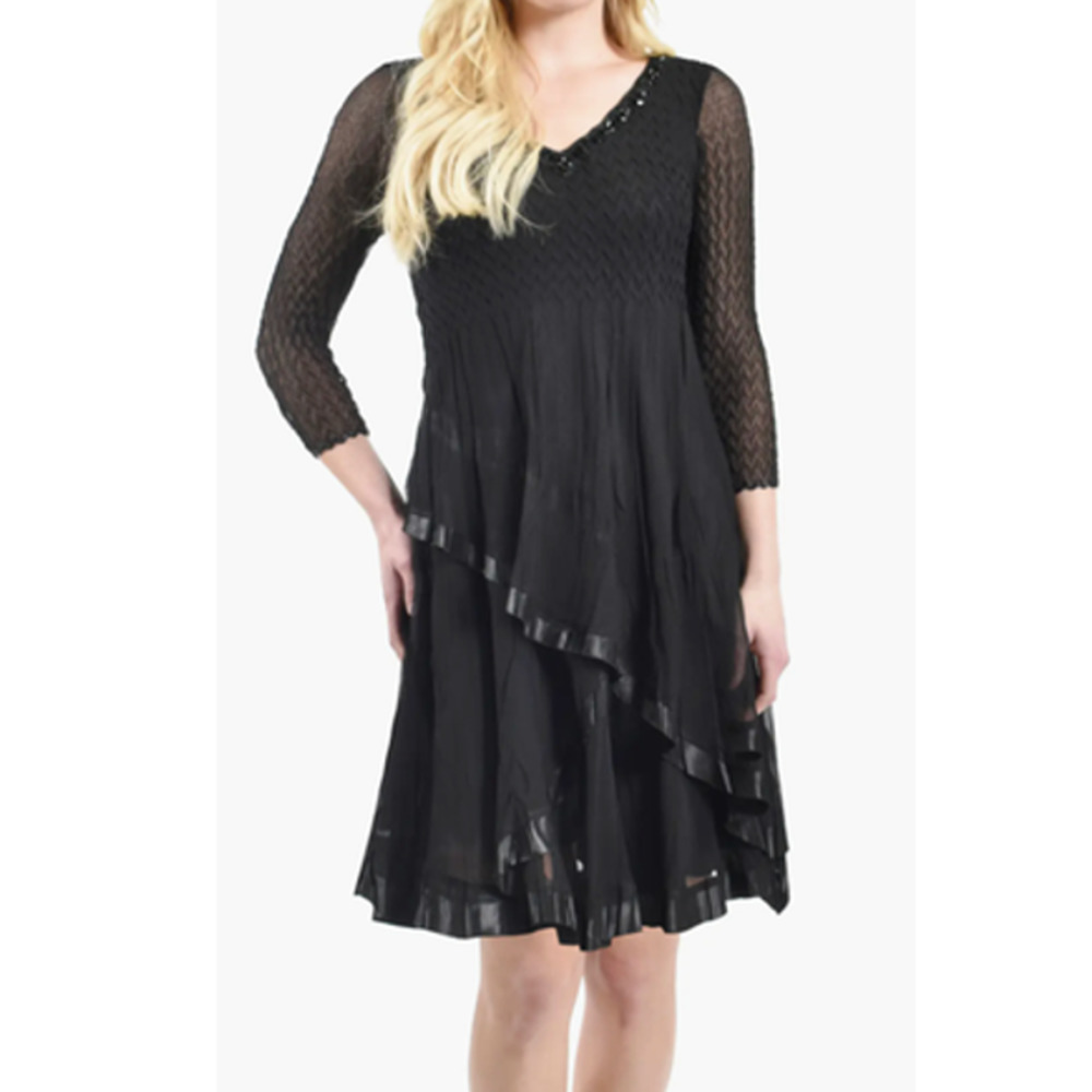 Komarov Cocktail Dress Sz M Beaded V-Neck Layered Chiffon 3/4 Sleeve Stretch NWT